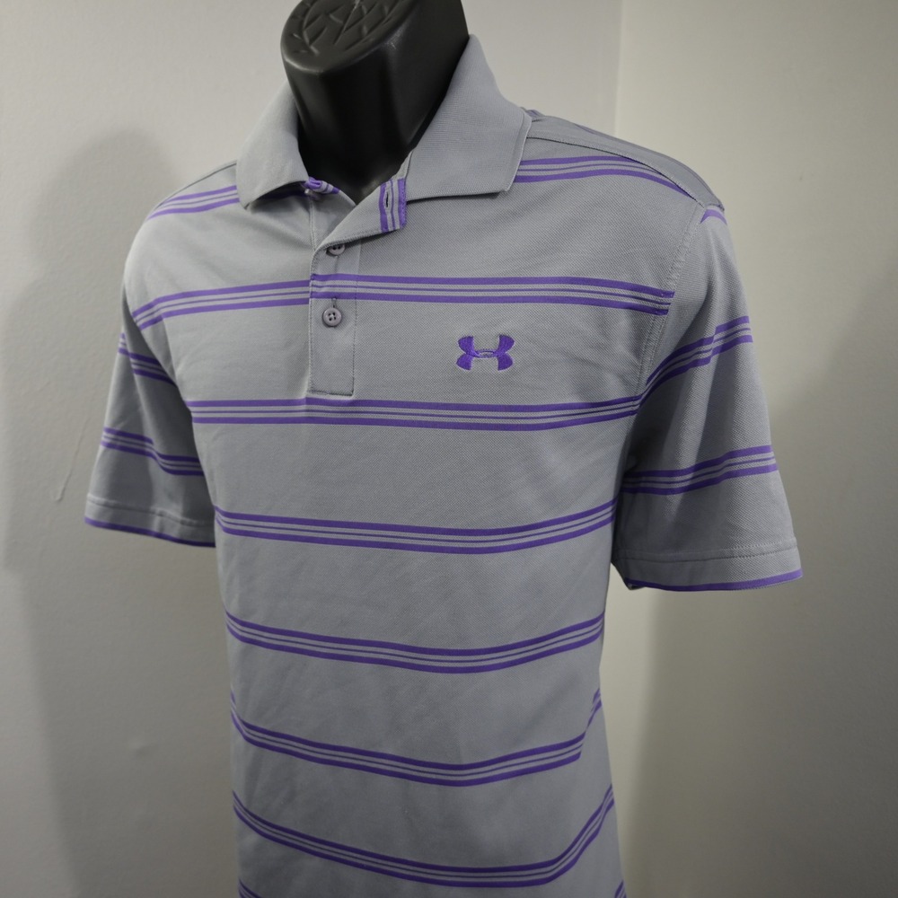 Under Armour Polo Shirt Mens Medium Gray Purple Striped Short Sleeve HeatGear - Picture 2 of 11